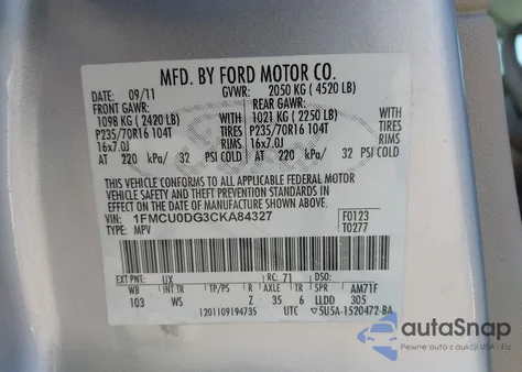 2012 Ford Escape Xlt from USA, damaged, VIN 1FMCU0DG3CKA84327